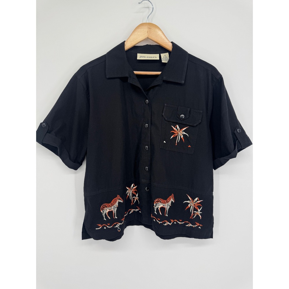 Jane Ashley Button Down Shirt Women M Black Zebra Safari Embroidered Grandma